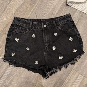 Black Daisy Embroidered Denim Shorts